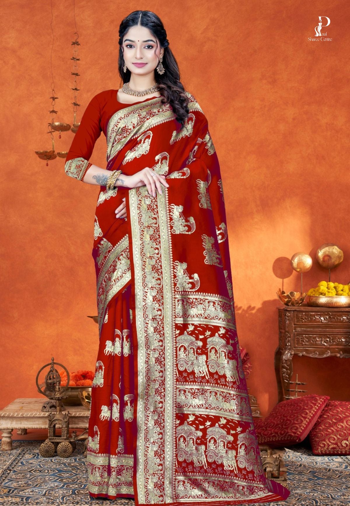 Red Katan Banarasi Saree