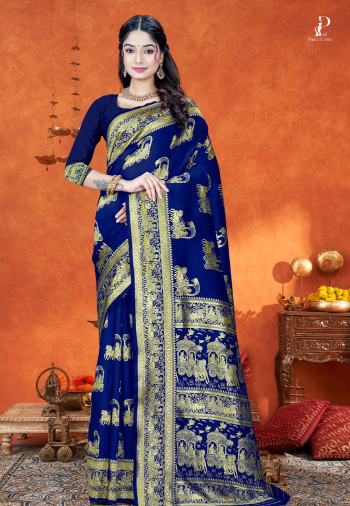 Navy Blue Katan Banarasi Saree