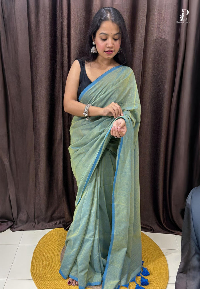Green & Blue Dual Tone Mul Cotton Saree