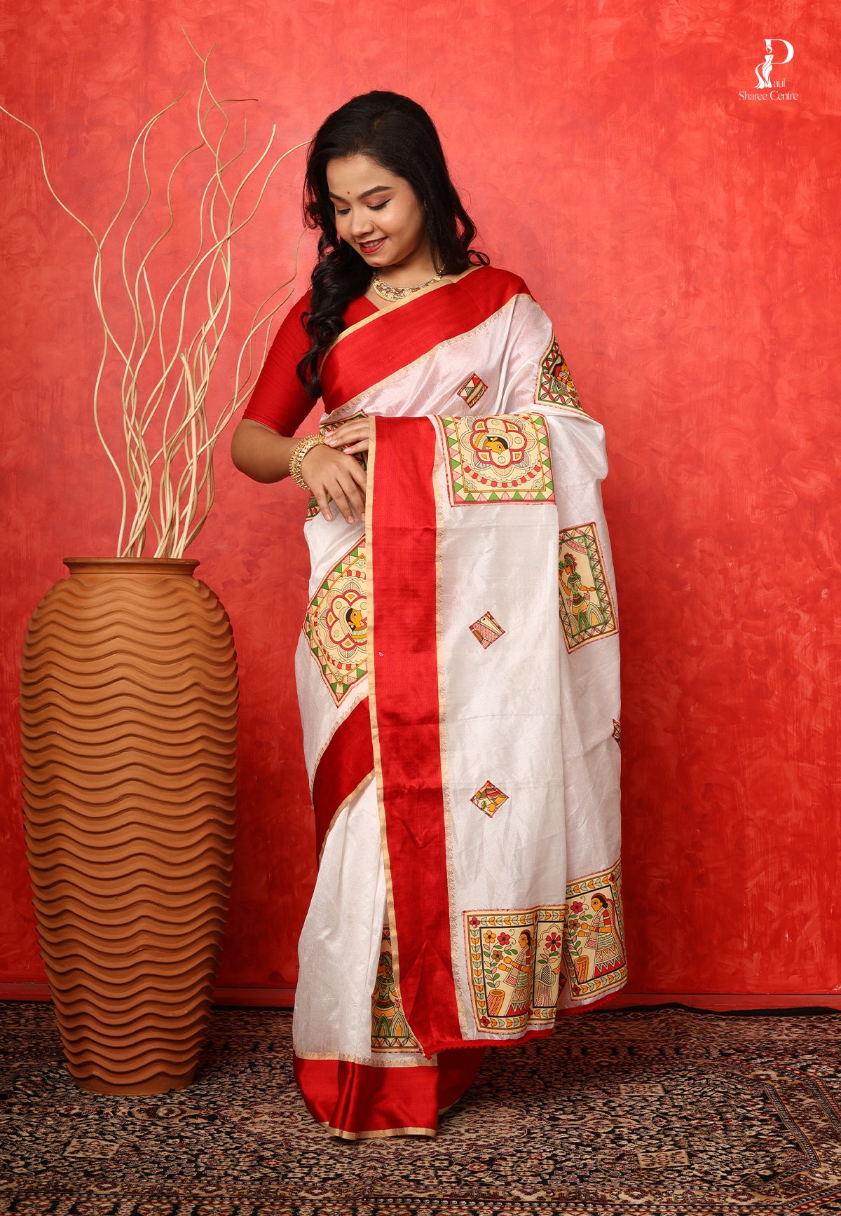 White Madhubani Applique Work Saree with Red Border