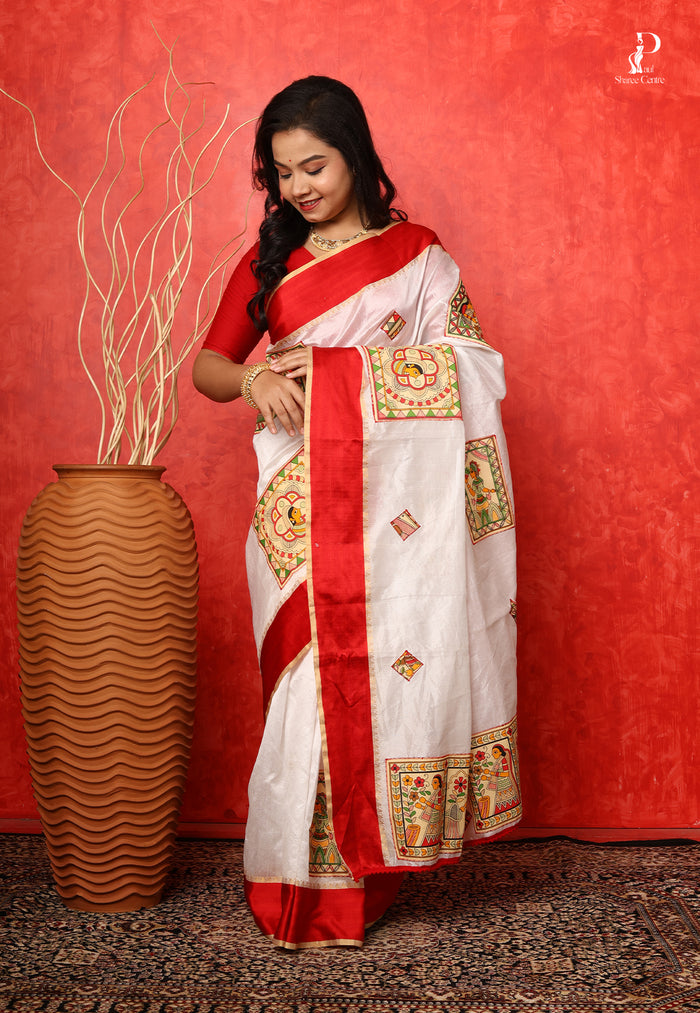 White Madhubani Applique Work Saree with Red Border