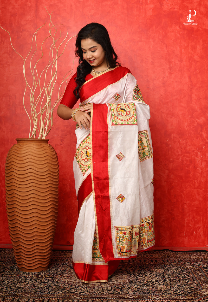White Madhubani Applique Work Saree with Red Border
