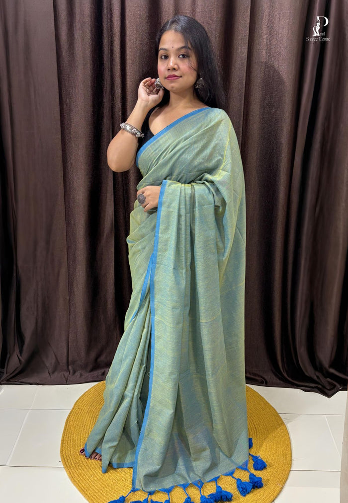 Green & Blue Dual Tone Mul Cotton Saree