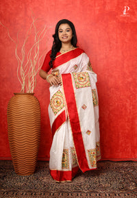 White Madhubani Applique Work Saree with Red Border