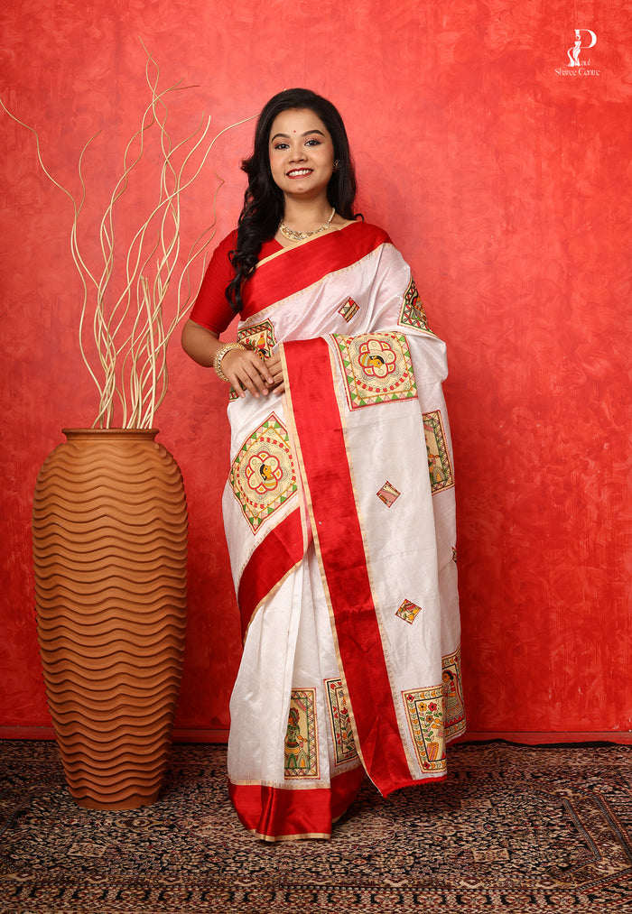 White Madhubani Applique Work Saree with Red Border