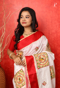 White Madhubani Applique Work Saree with Red Border