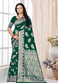 Bottle Green Katan Banarasi Saree with Floral Work