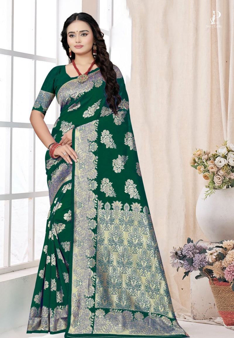 Bottle Green Katan Banarasi Saree with Floral Work