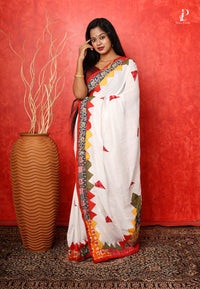 White Applique Work Saree with Multicolor Border