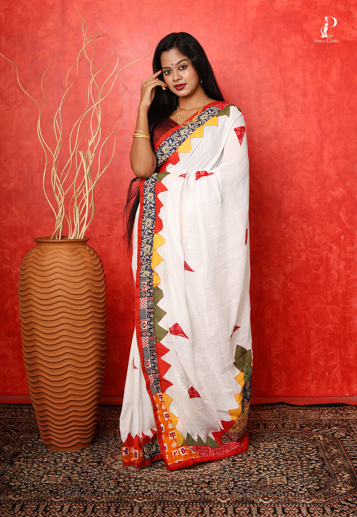 White Applique Work Saree with Multicolor Border