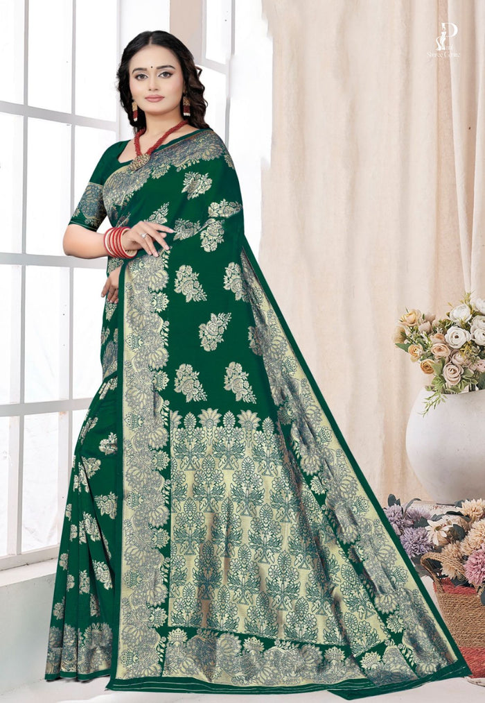 Bottle Green Katan Banarasi Saree with Floral Work