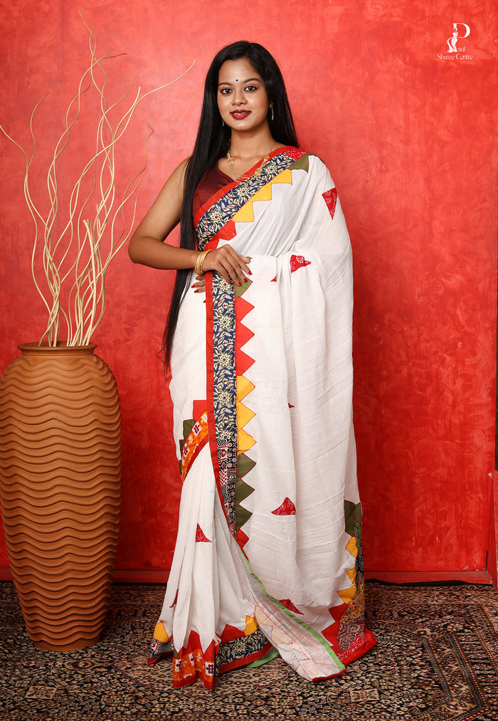White Applique Work Saree with Multicolor Border