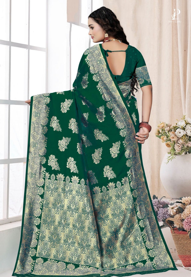 Bottle Green Katan Banarasi Saree with Floral Work