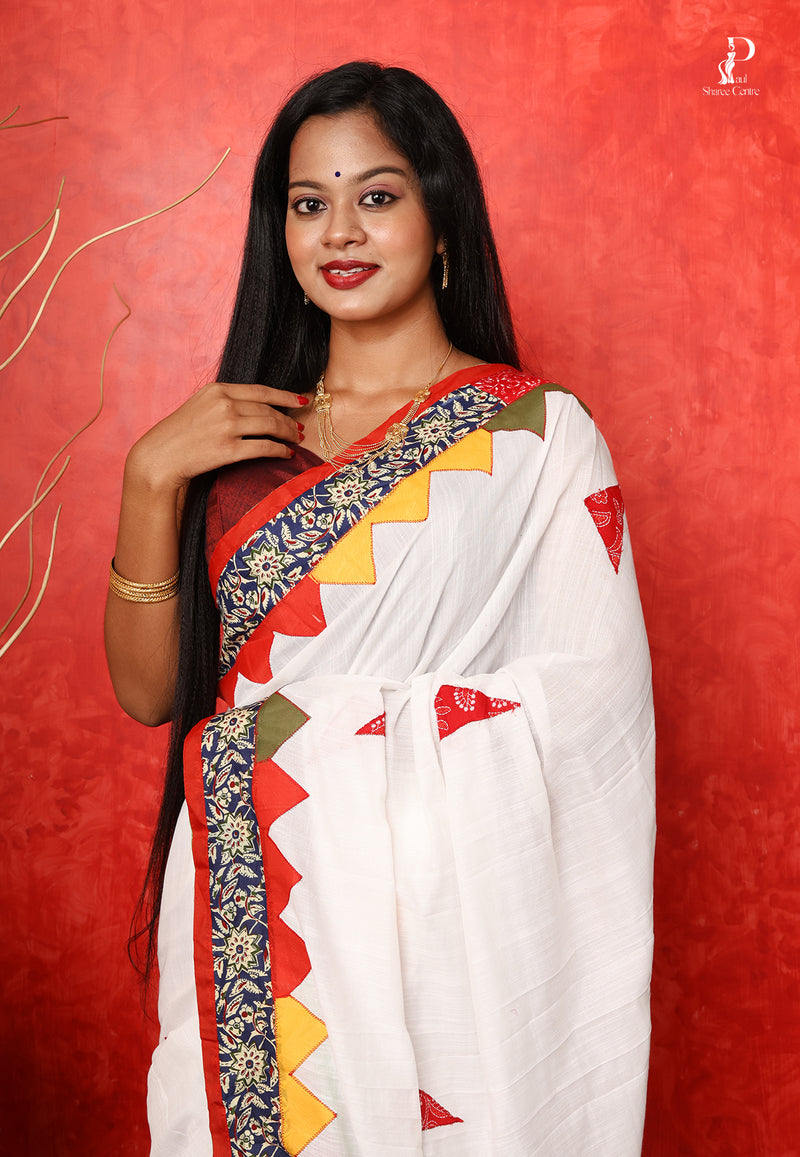 White Applique Work Saree with Multicolor Border