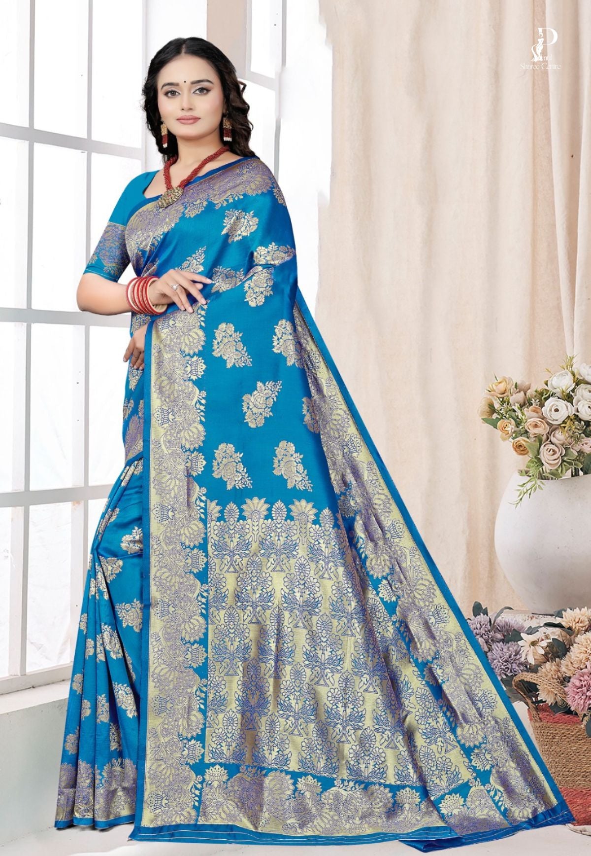Firoza Katan Banarai Saree with Floral Work