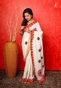 White Applique Work Saree with Red Border