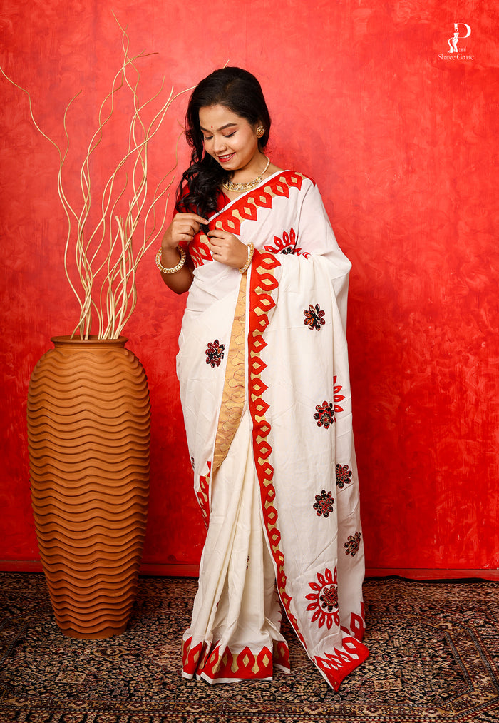 White Applique Work Saree with Red Border