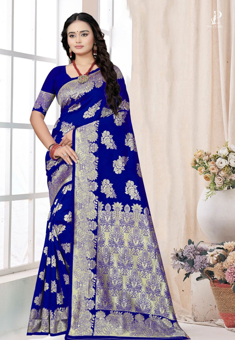Navy Blue Katan Silk Saree with Floral Work