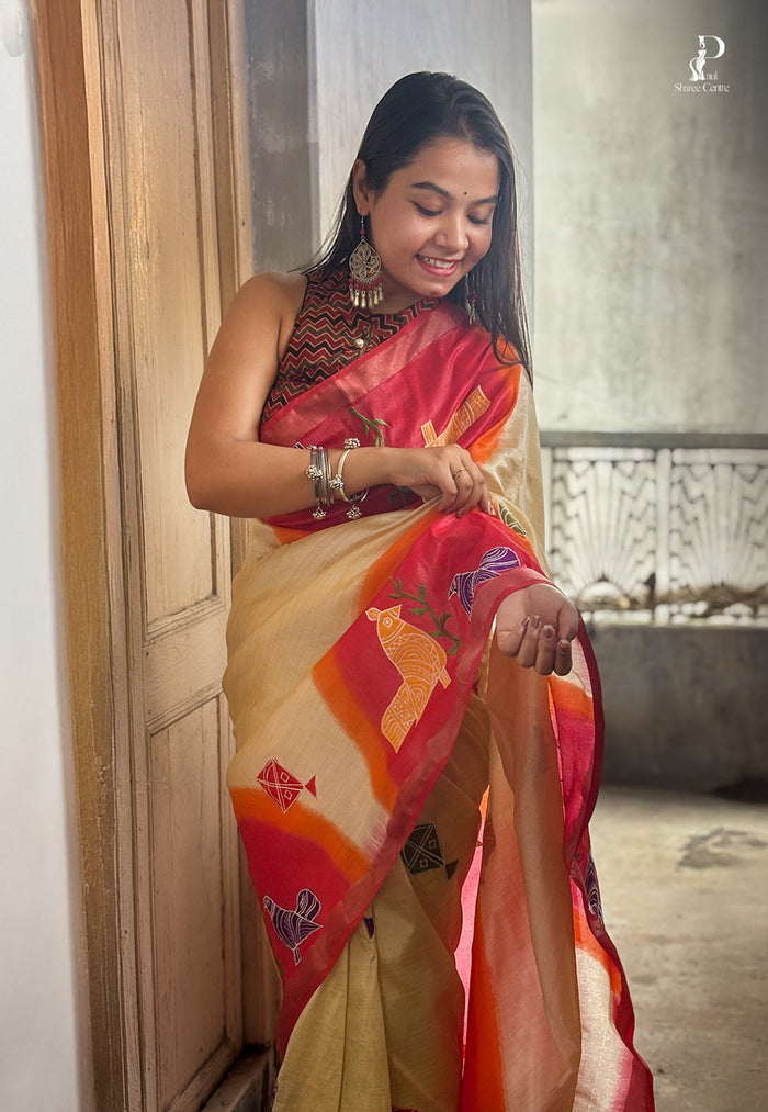 Tussar & Red "Rooprekha" Hand Painted Saree