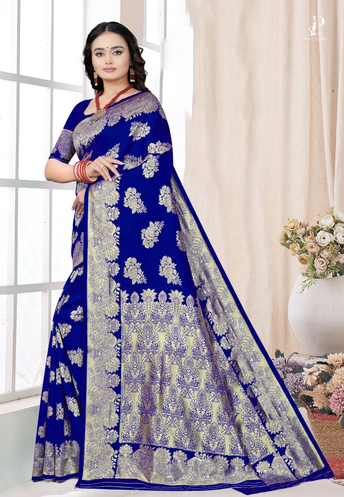 Navy Blue Katan Silk Saree with Floral Work
