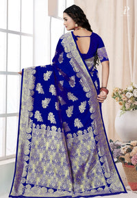 Navy Blue Katan Silk Saree with Floral Work