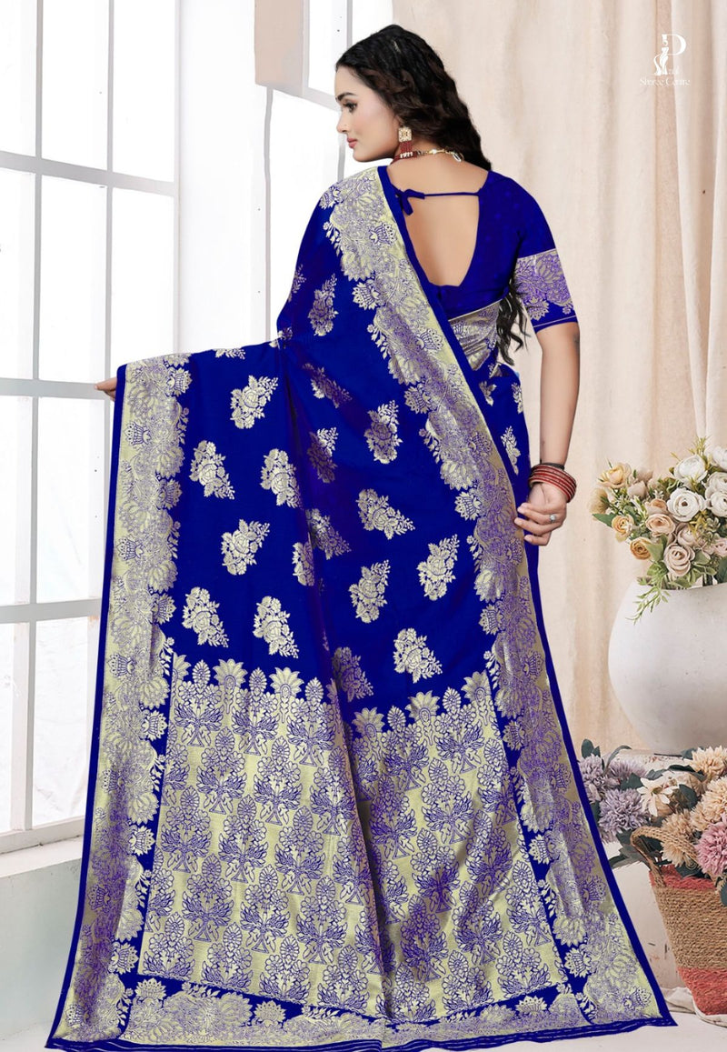 Navy Blue Katan Silk Saree with Floral Work