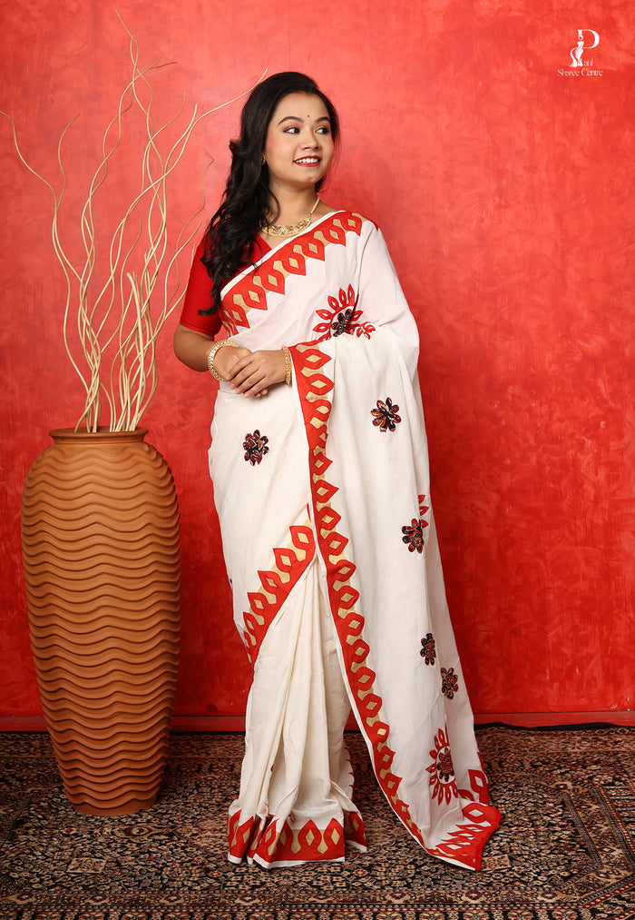 White Applique Work Saree with Red Border