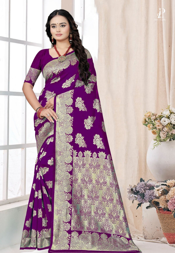 Purple Katan Banarai Saree with Floral Work