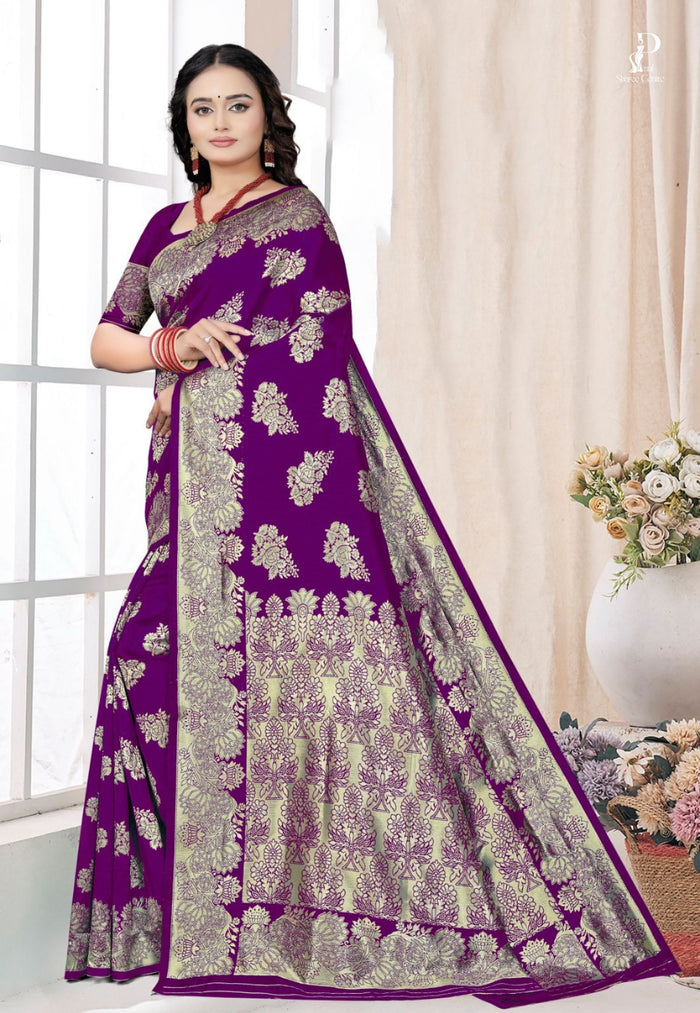 Purple Katan Banarai Saree with Floral Work