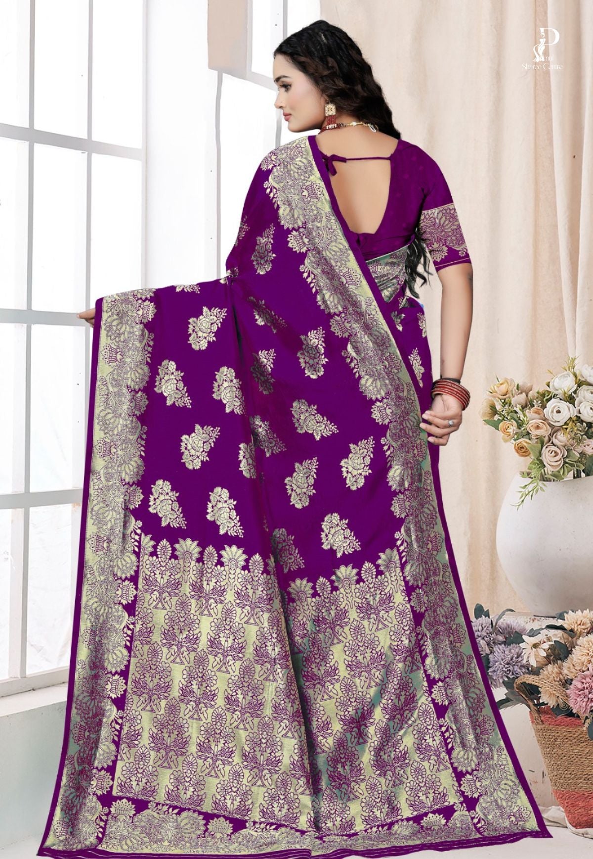 Purple Katan Banarai Saree with Floral Work