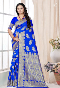 Royal Blue Katan Banarai Saree with Floral Work