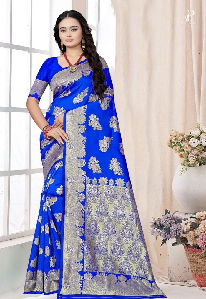 Royal Blue Katan Banarai Saree with Floral Work