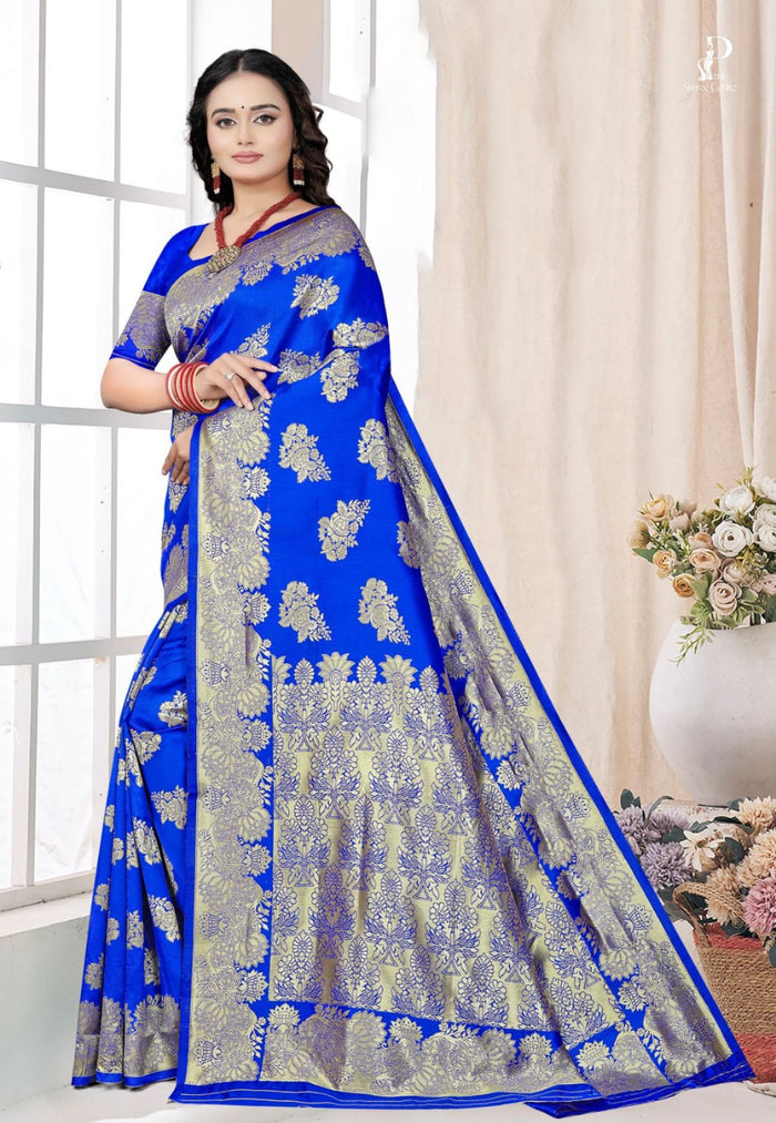 Royal Blue Katan Banarai Saree with Floral Work