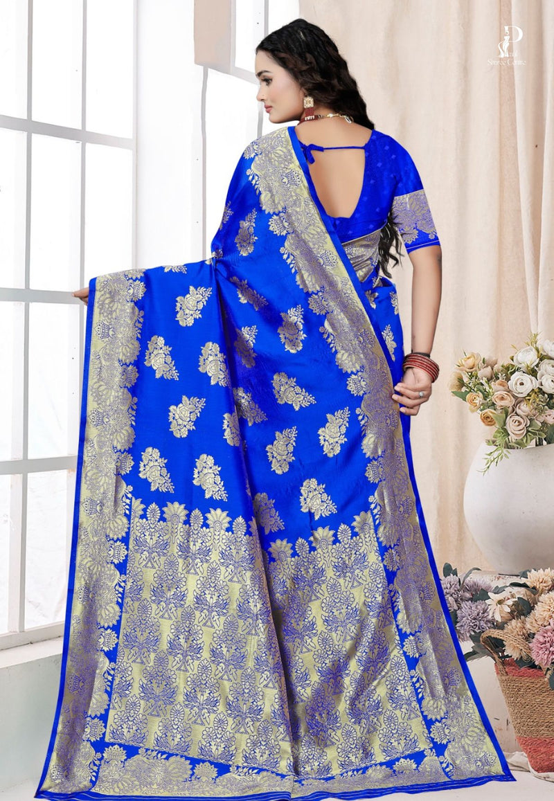 Royal Blue Katan Banarai Saree with Floral Work