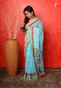 Sky Blue Applique Work Saree with Golden Border