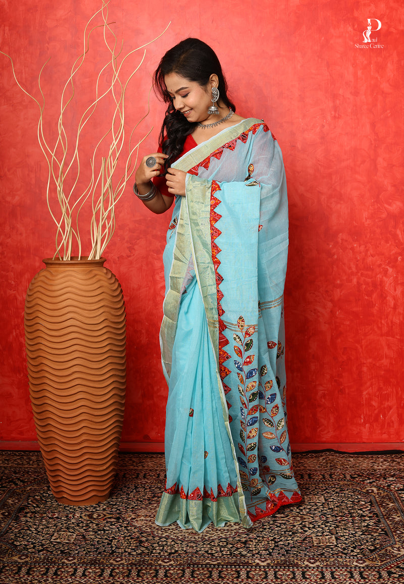 Sky Blue Applique Work Saree with Golden Border
