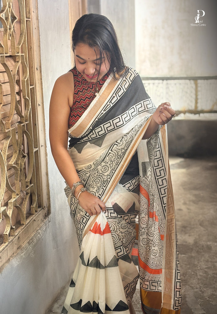 White & Black "Rooprekha" Hand Painted Saree