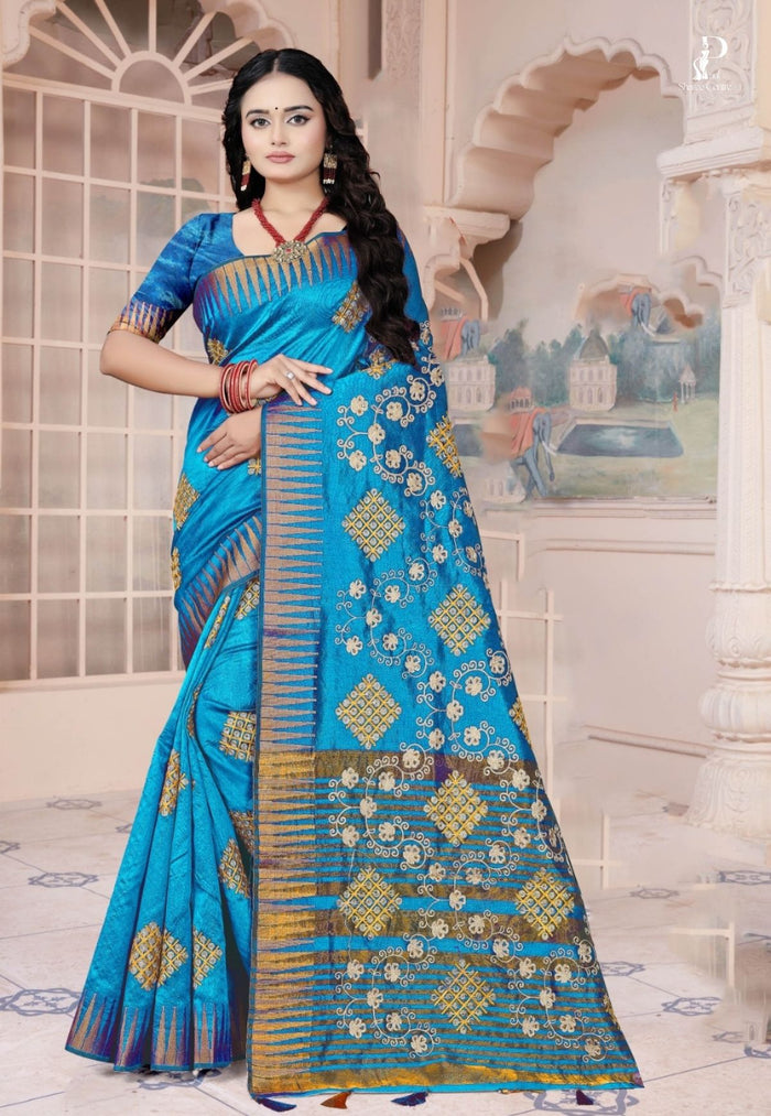 Firozi Gujrati Embroidery Saree