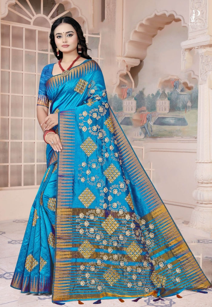 Firozi Gujrati Embroidery Saree