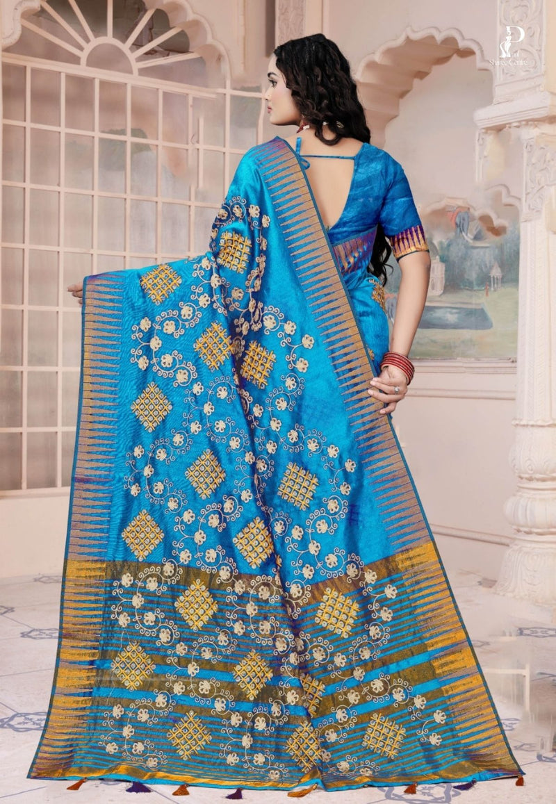 Firozi Gujrati Embroidery Saree