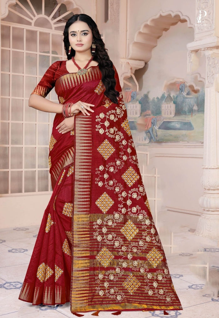 Maroon Gujrati Embroidery Saree
