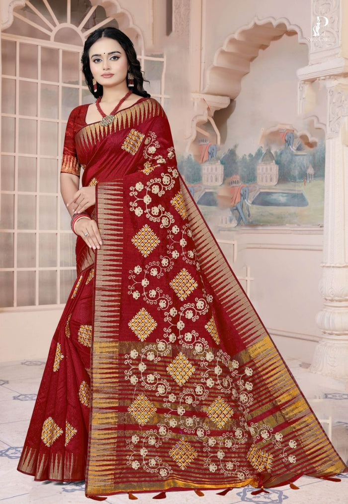 Maroon Gujrati Embroidery Saree