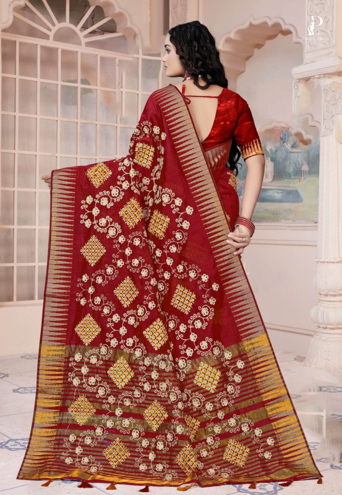 Maroon Gujrati Embroidery Saree