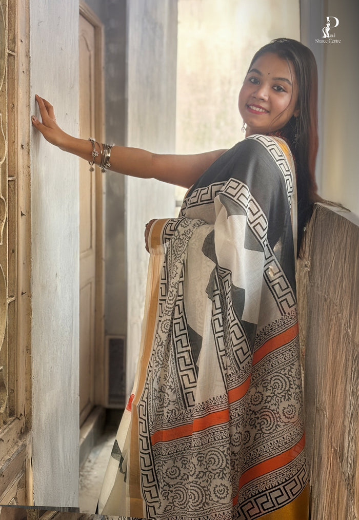 White & Black "Rooprekha" Hand Painted Saree