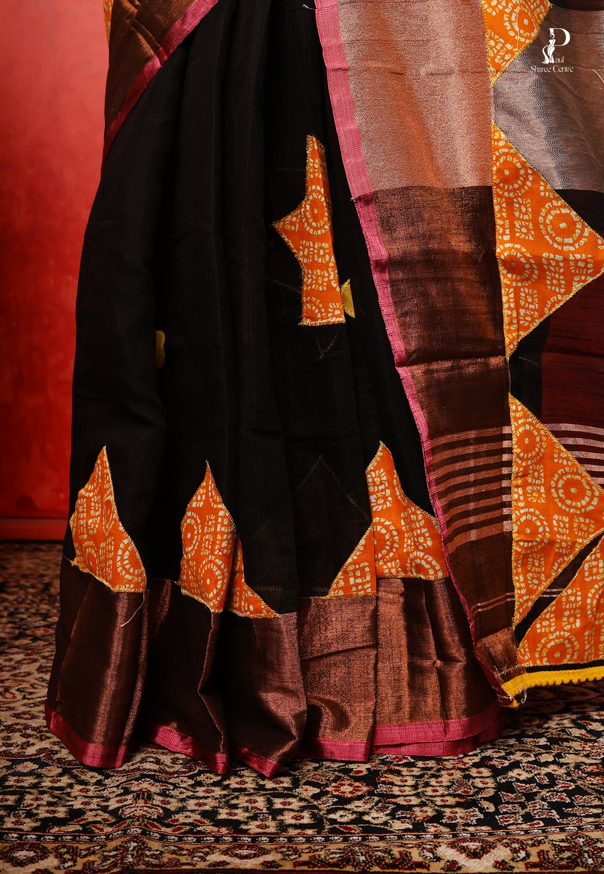 Black Applique Work Saree with Copper Zari Border