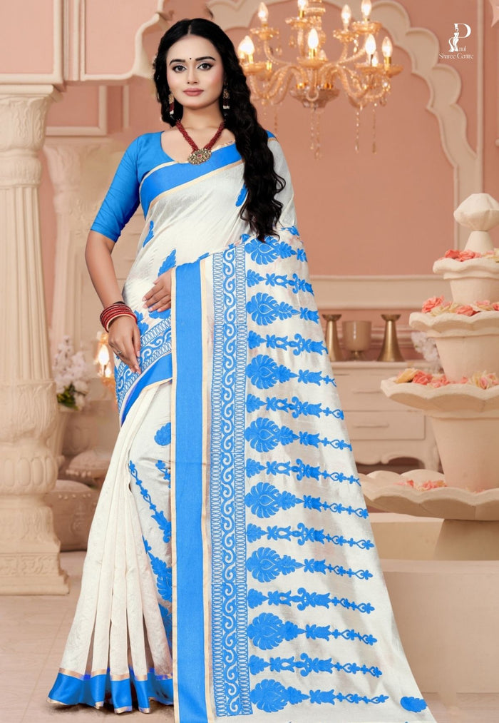 White Tussar Embroidery Saree with Blue Border