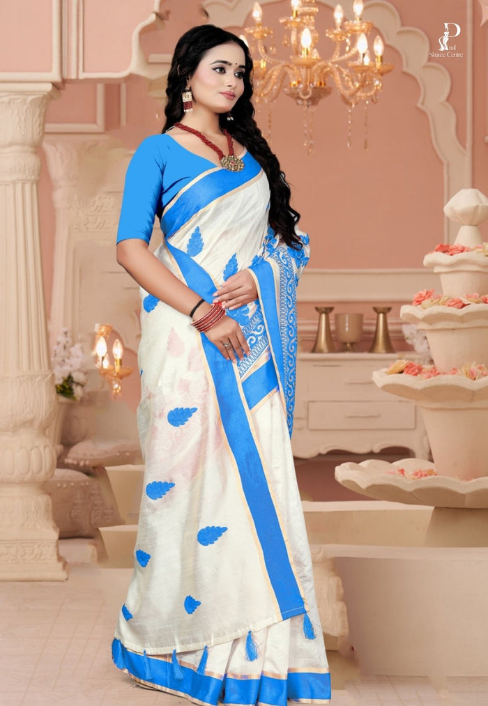 White Tussar Embroidery Saree with Blue Border
