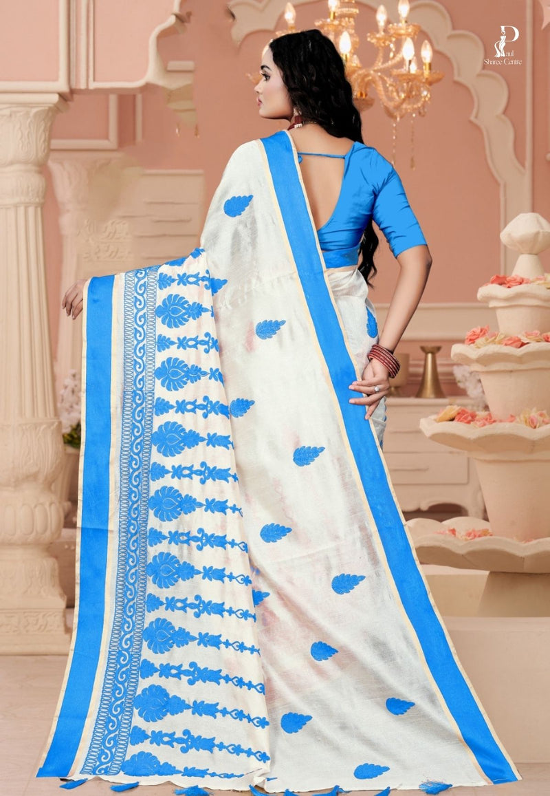 White Tussar Embroidery Saree with Blue Border
