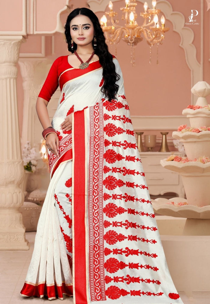 White Tussar Embroidery Saree with Red Border
