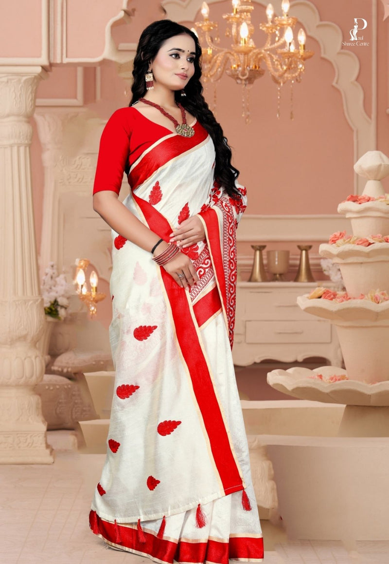 White Tussar Embroidery Saree with Red Border